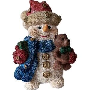 Snowman Figurine with Teddy Bear and Presents Figurine Santa Hat